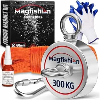 Magfishion Magnet Fishing Kit - 300kg (2 x 150kg) - Super Strong Neodymium Magnet - Double Sided Electromagnet - Inc. 20M Rope - Carabiner - Gloves - Thread Loose - Diameter 60mm